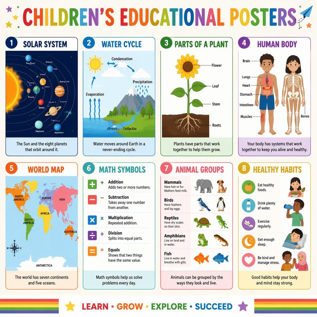 Colorful grid infographic with 8 childrens educational posters on science, geography, math, animals, and health.