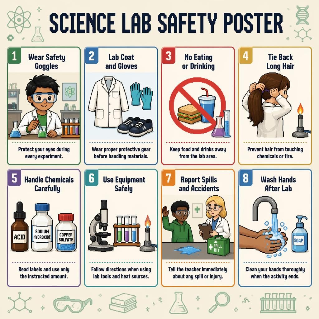 Pixel art science lab safety poster with 8 labeled classroom cards in a 2x4 grid showing teen lab safety rules.
