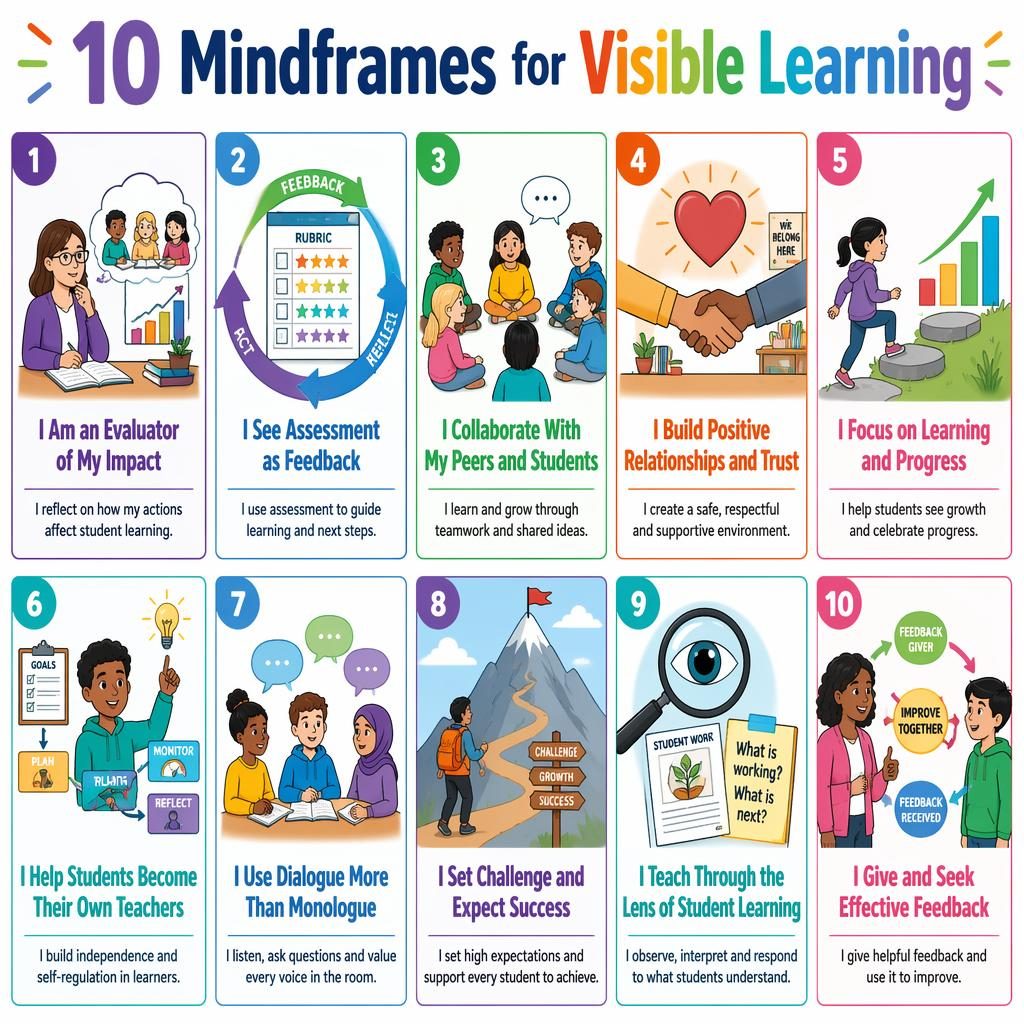 Colorful classroom poster with a 10-card grid showing visible learning mindframes, icons, and English labels for kids.