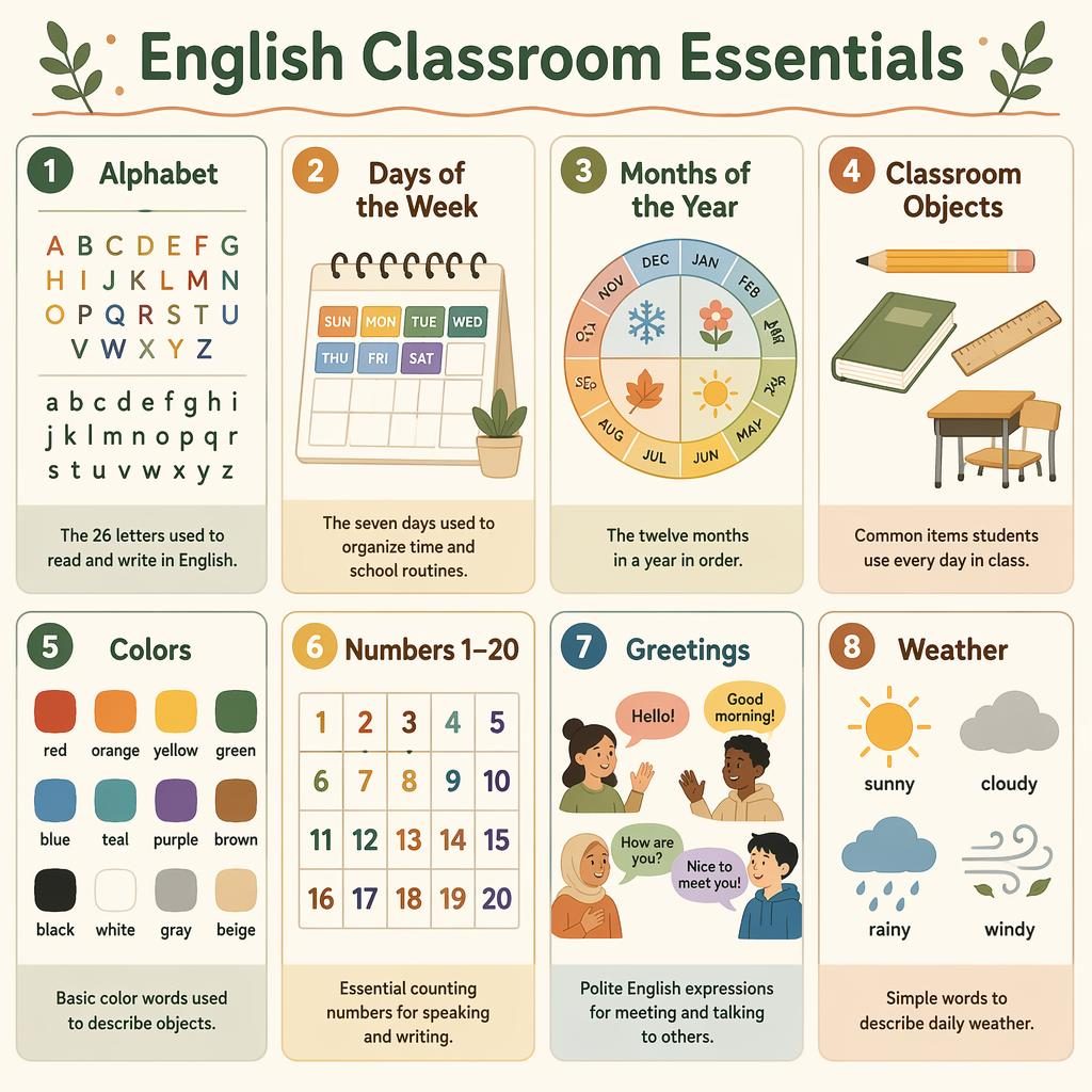 Affiche éducative en grille avec 8 cartes sur les bases de l’anglais : alphabet, jours, mois, objets, couleurs, nombres, salutations et météo.