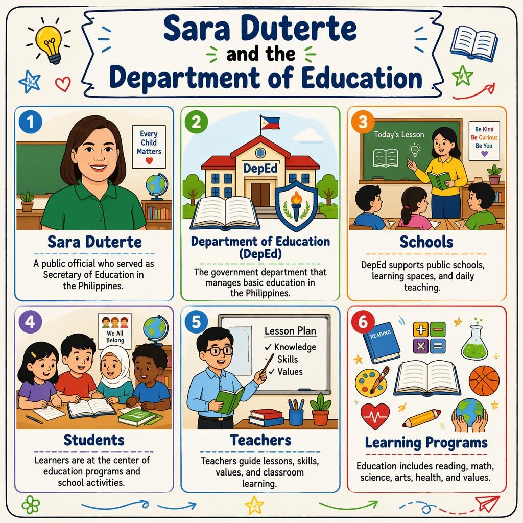 Six-card classroom poster infographic on Sara Duterte and DepEd with icons for schools, students, teachers, and learning programs.