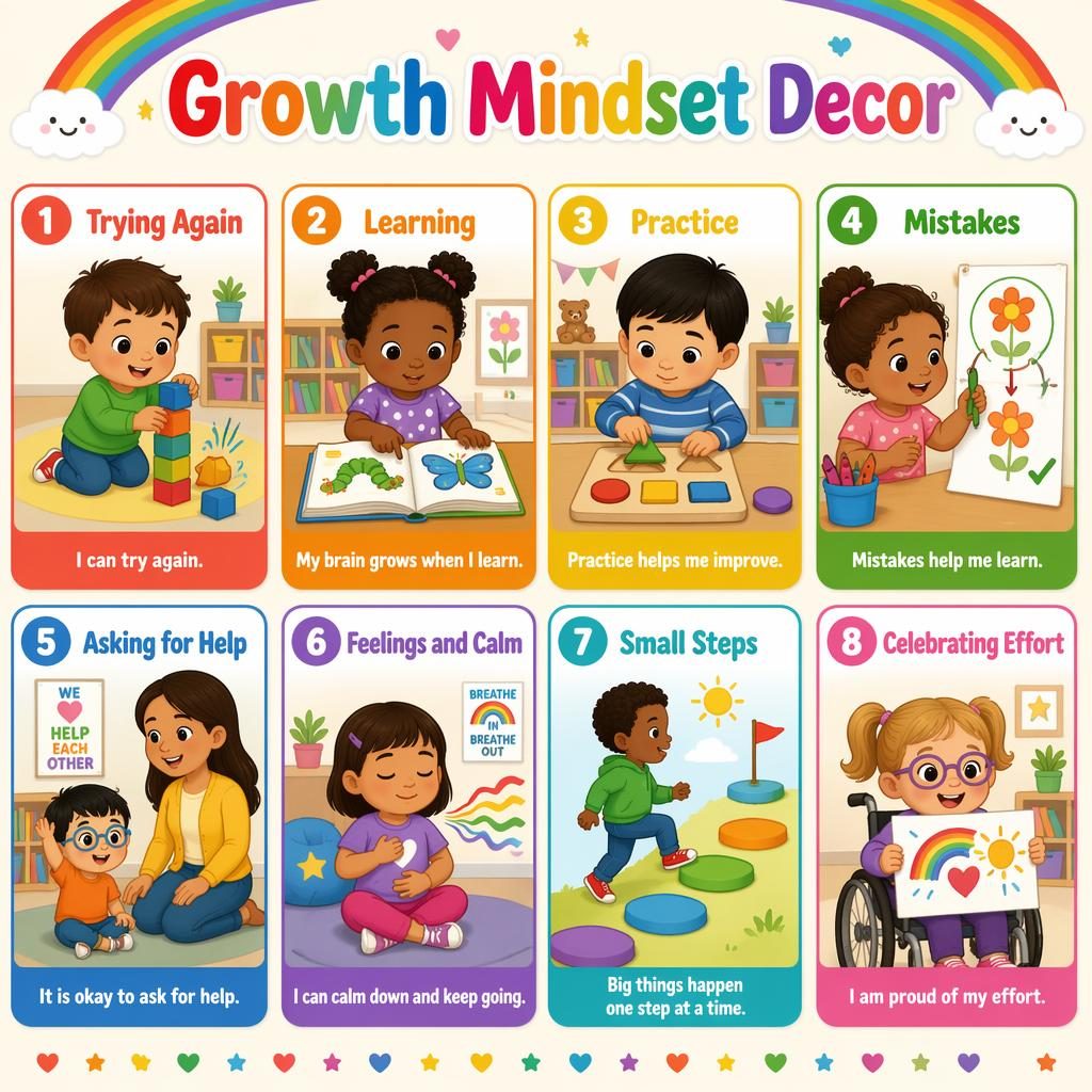 Colorful growth mindset decor poster with 8 toddler learning cards, rainbow accents, diverse children, and clear labels.