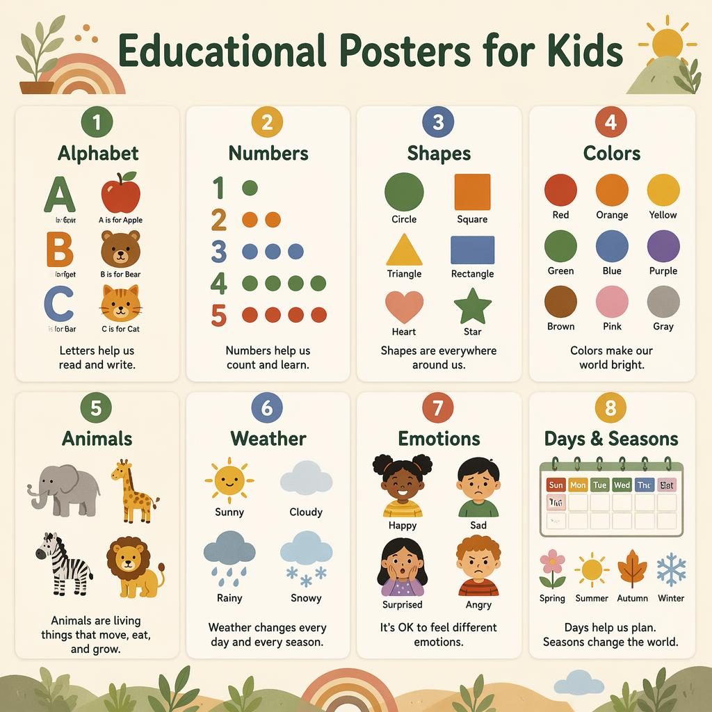 8-card classroom poster grid with alphabet, numbers, shapes, colors, animals, weather, emotions, days and seasons.