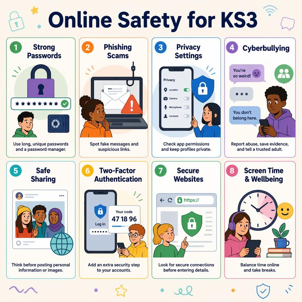 Classroom poster infographic with 8 pastel cards on online safety for KS3, each with icons, English labels, and tips.
