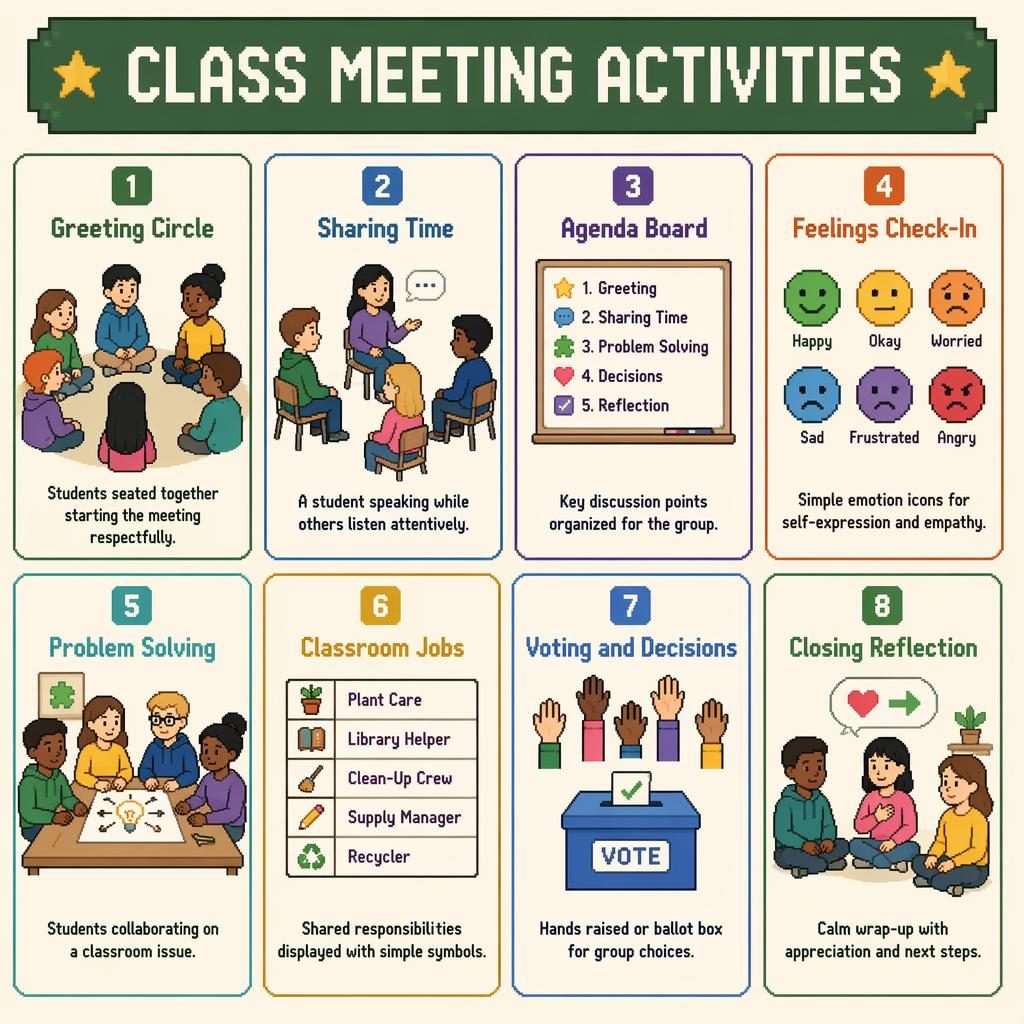 Pixel art classroom poster with 8 labeled cards showing class meeting activities in a muted Montessori palette.