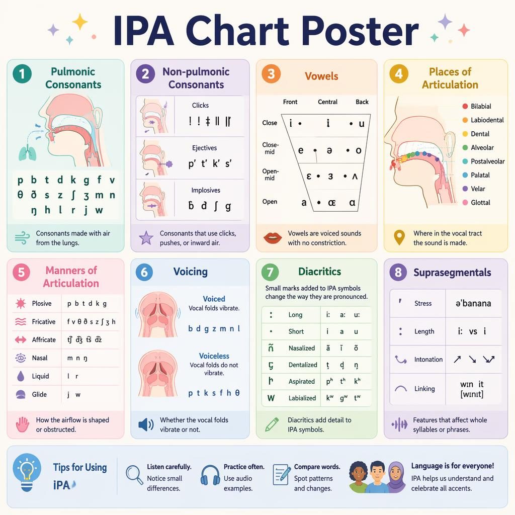 Educational IPA chart poster with 8 pastel cards showing phonetic symbols, mouth diagrams, airflow arrows, and English labels.