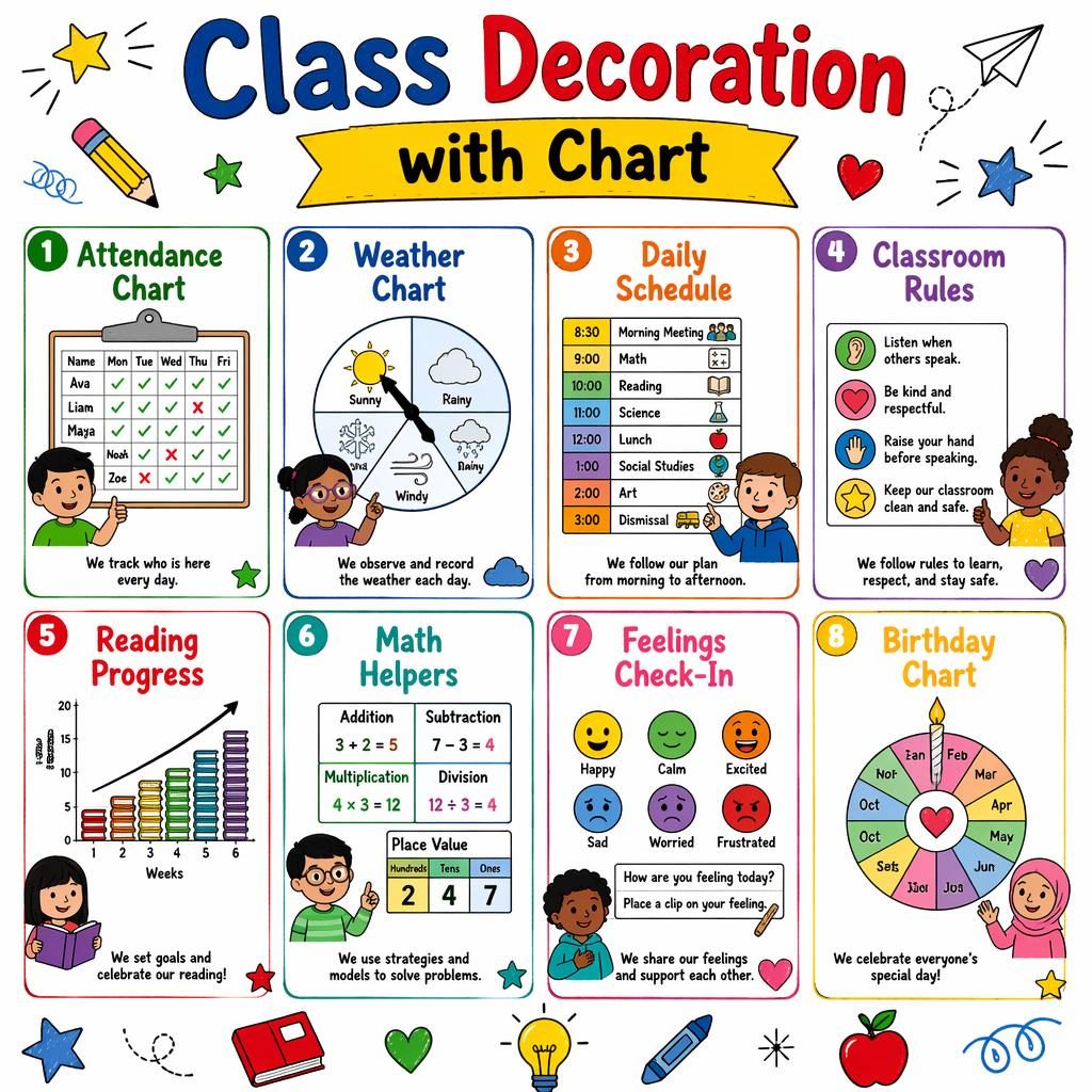 Educational poster with 8 classroom chart cards in a colorful sketchnote grid, with icons, English labels, doodles, and kids.