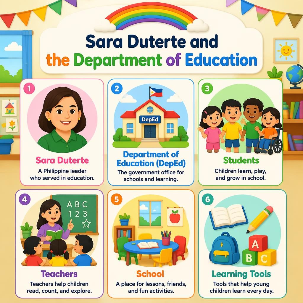 Colorful 6-card classroom infographic showing Sara Duterte, DepEd, students, teachers, school, and learning tools.