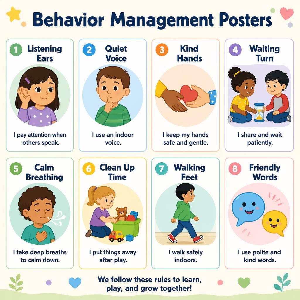 Educational poster with 8 pastel behavior management cards for kids, showing listening, quiet voice, kind hands, and more.