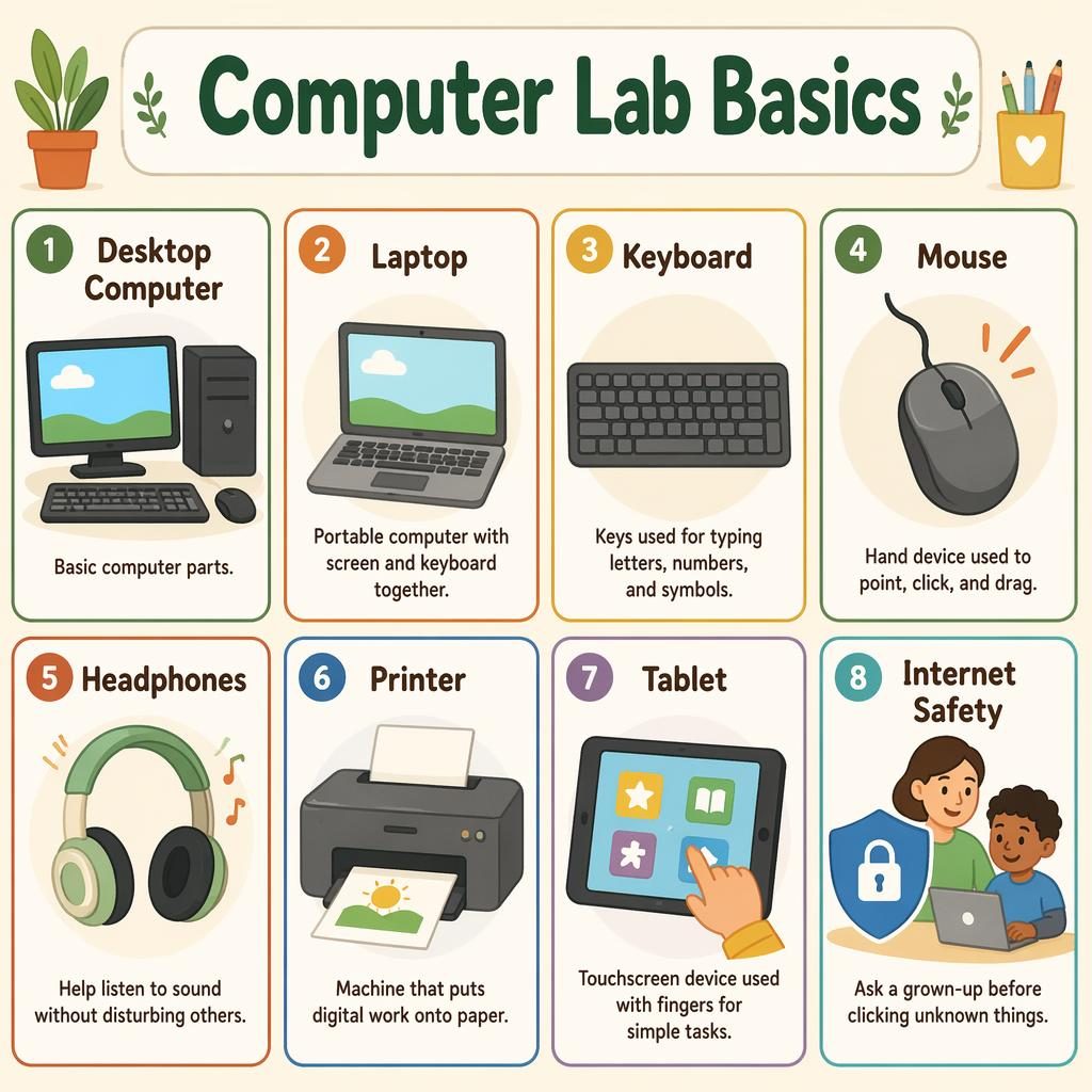 Educational poster with 8 grid cards showing computer lab basics for kids: desktop, laptop, keyboard, mouse, headphones, printer, tablet, and internet safety.
