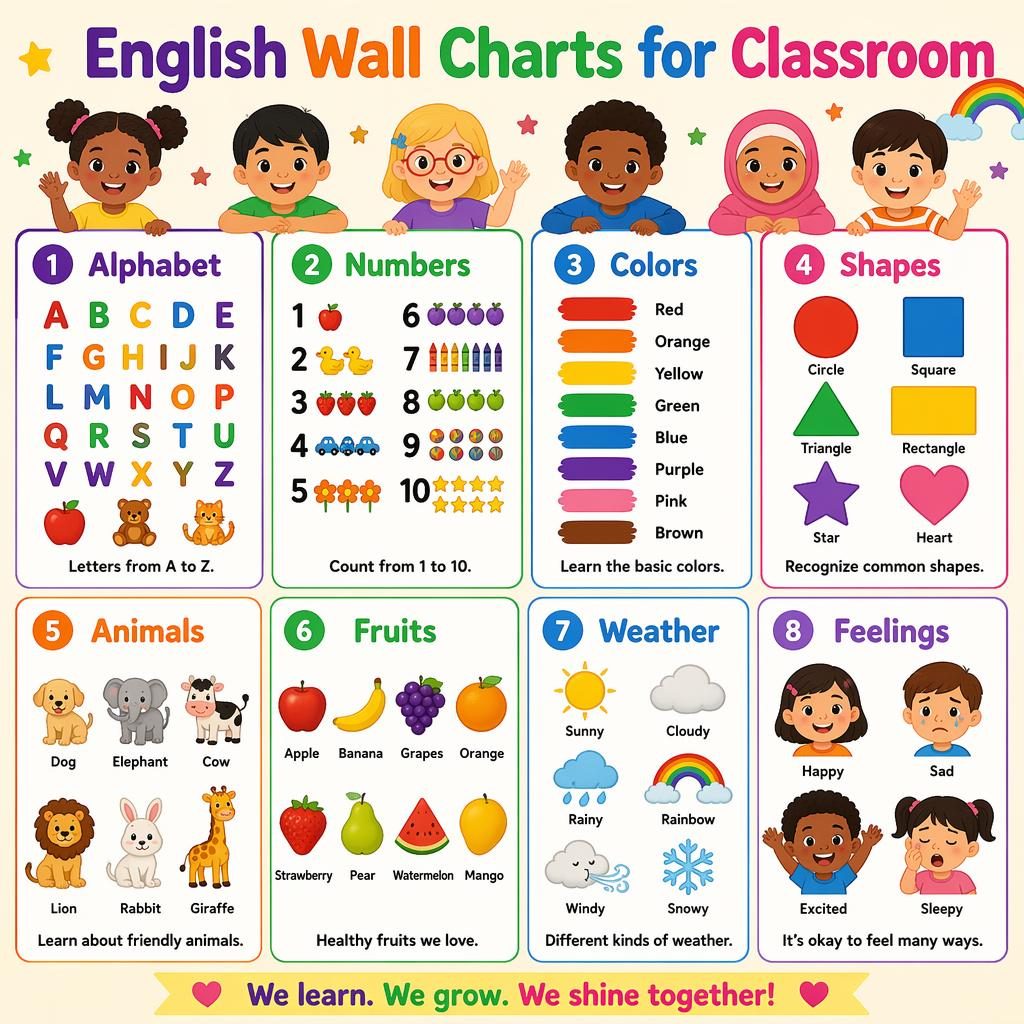Colorful classroom poster with 8 cards: alphabet, numbers, colors, shapes, animals, fruits, weather, and feelings.