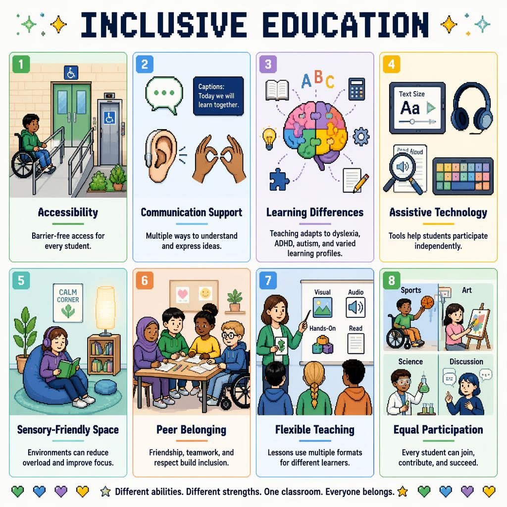 Pixel art classroom poster with 8 cards on inclusive education, showing accessibility, support tools, sensory space, and peers.