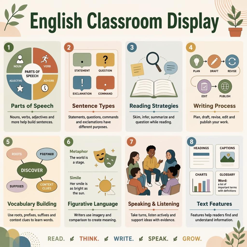 Minimal classroom poster with 8 rounded cards on English topics, icons, short labels, and warm earth-tone grid layout.