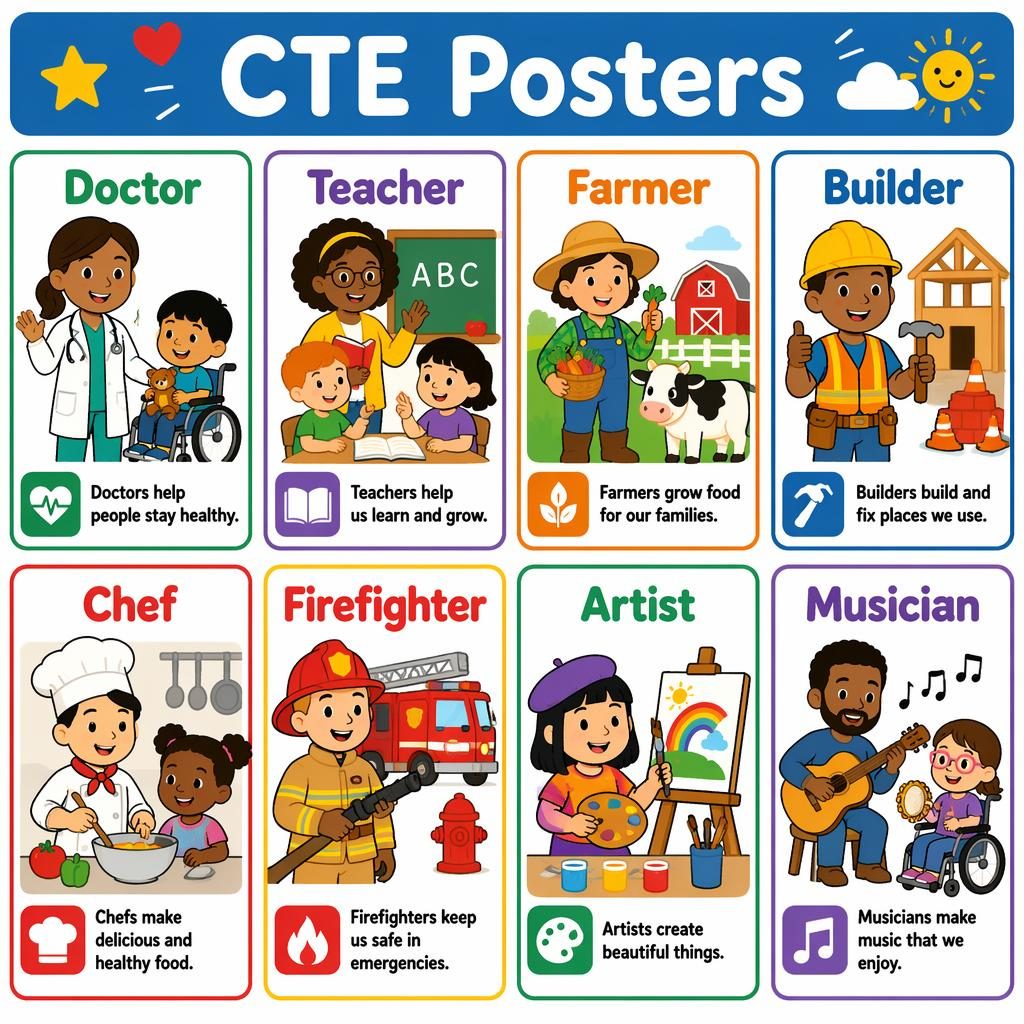 Educational poster grid with 8 colorful job cards for toddlers: doctor, teacher, farmer, builder, chef, firefighter, artist, musician.
