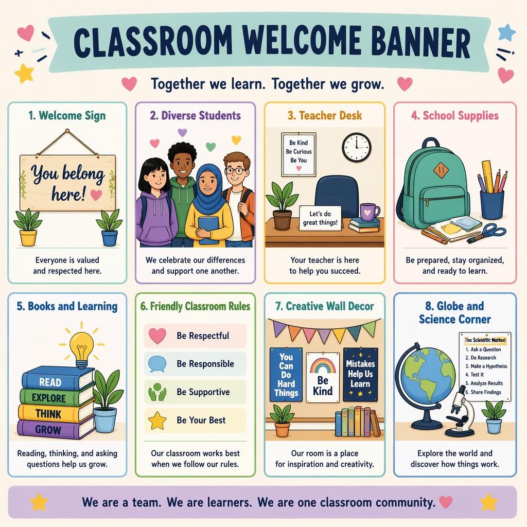 Flat pastel classroom poster with a grid of welcome banner cards showing students, teacher desk, books, rules, globe, and supplies.