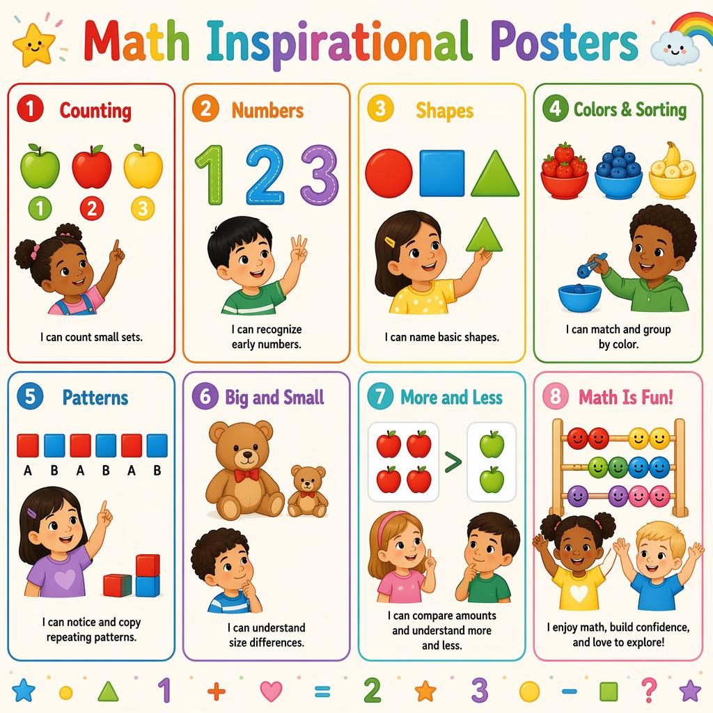 Colorful classroom poster with 8 math learning cards for toddlers, showing counting, numbers, shapes, sorting, patterns, size, and quantity.