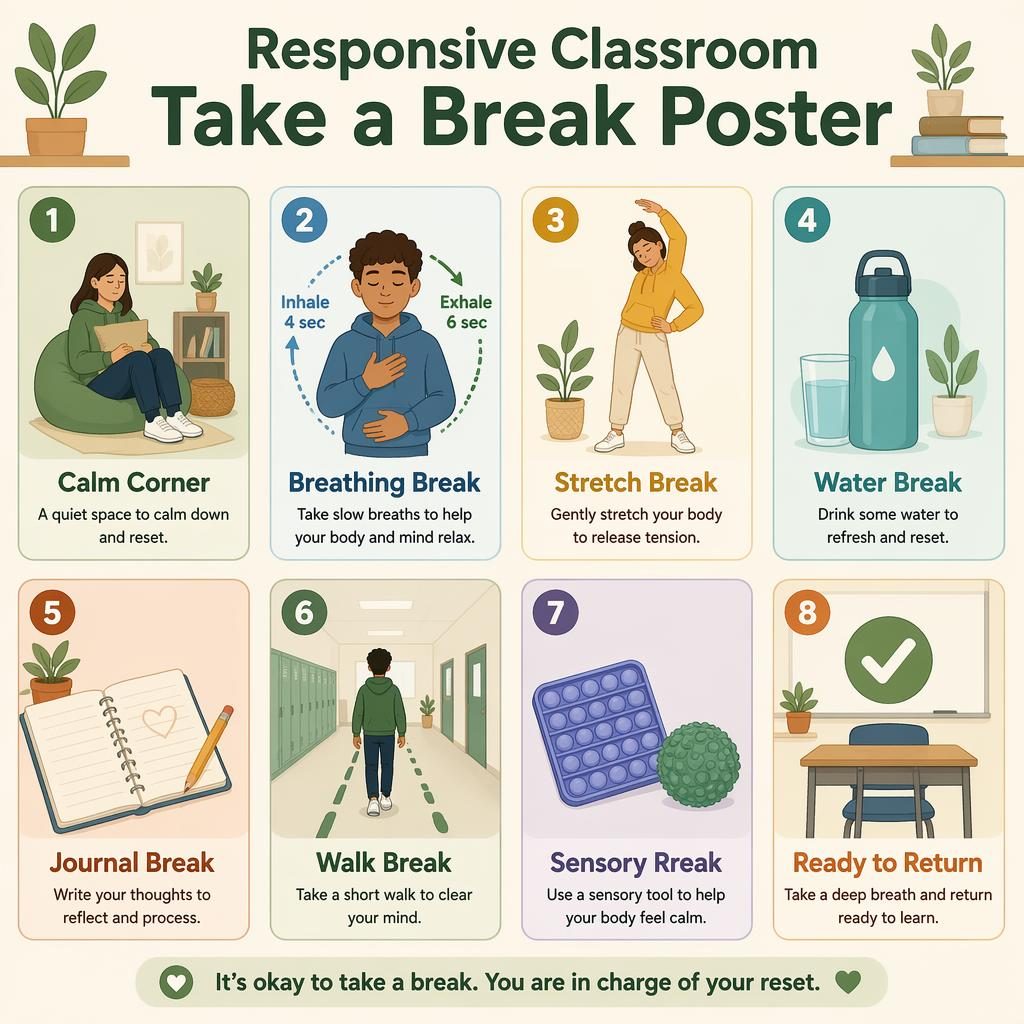 Educational poster with 8 rounded cards showing calm corner, breathing, stretch, water, journal, walk, sensory, and return