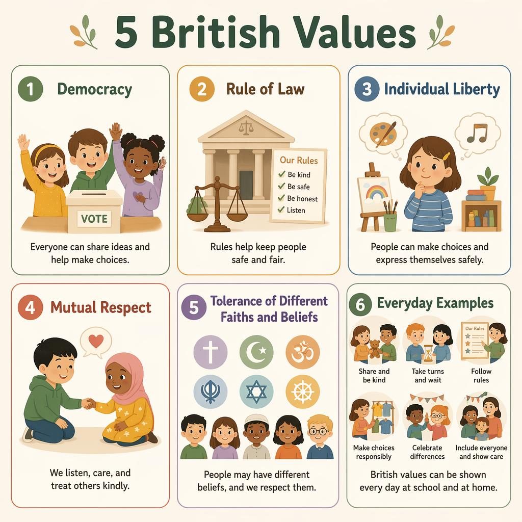 Grid infographic poster with 6 rounded cards showing 5 British Values and everyday examples for young children.