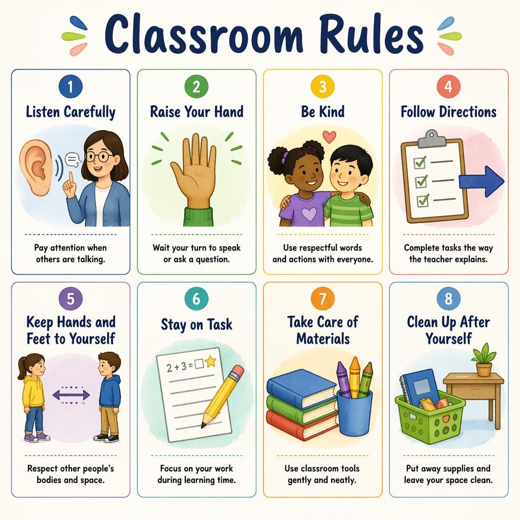 Illustrated classroom rules poster with 8 labeled cards, simple icons, soft watercolor accents, and kid-friendly layout.