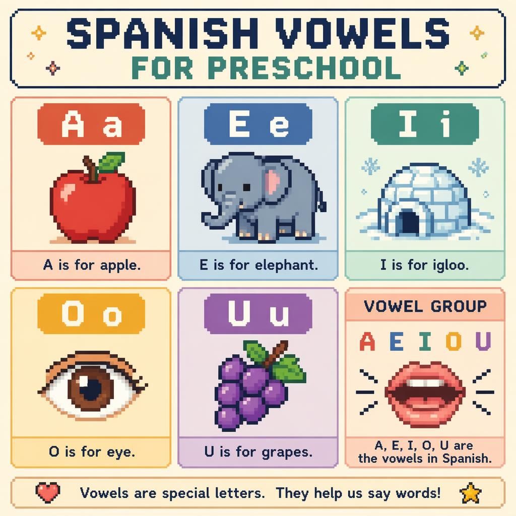 Infografía en cuadrícula con 6 tarjetas de vocales, iconos educativos y estilo pixel art en paleta Montessori suave.