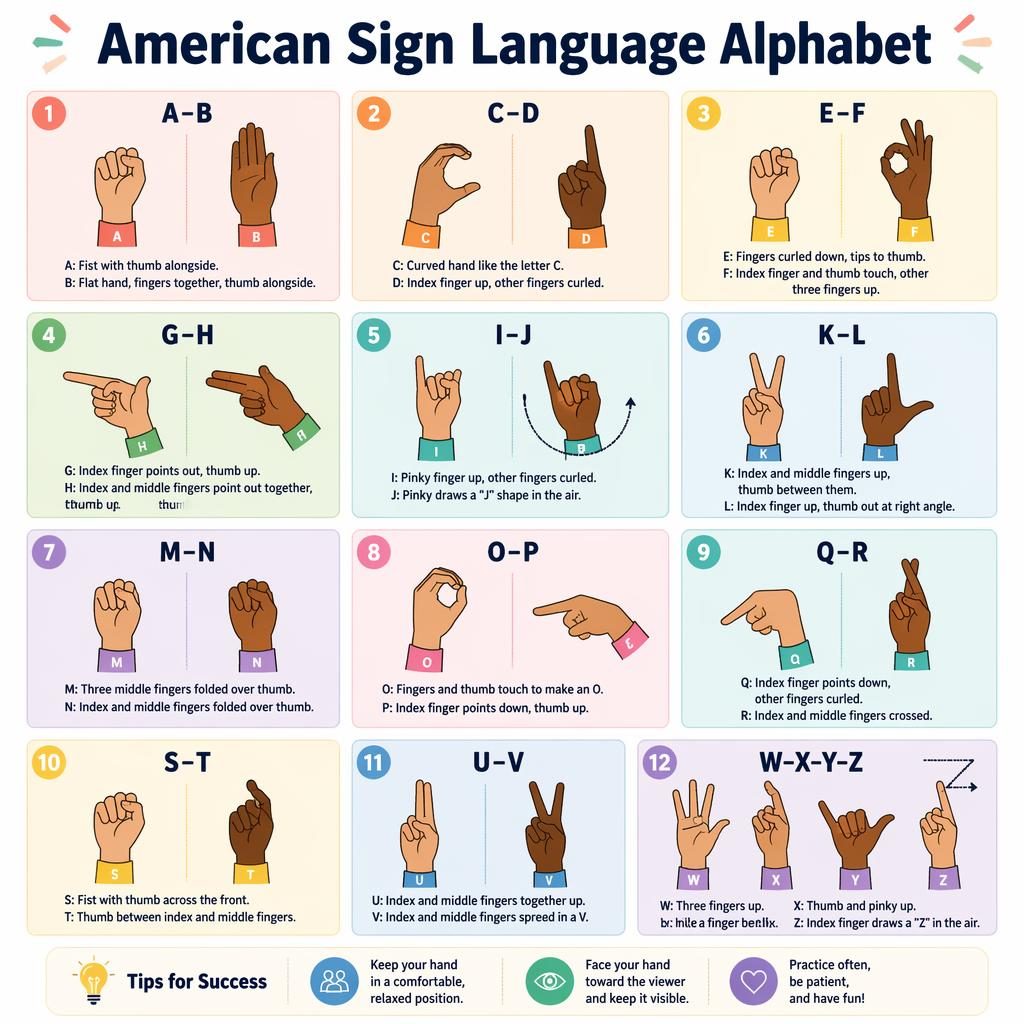 12-card ASL alphabet poster grid with handshape diagrams, English labels, pastel blocks, and motion guides for J and Z.