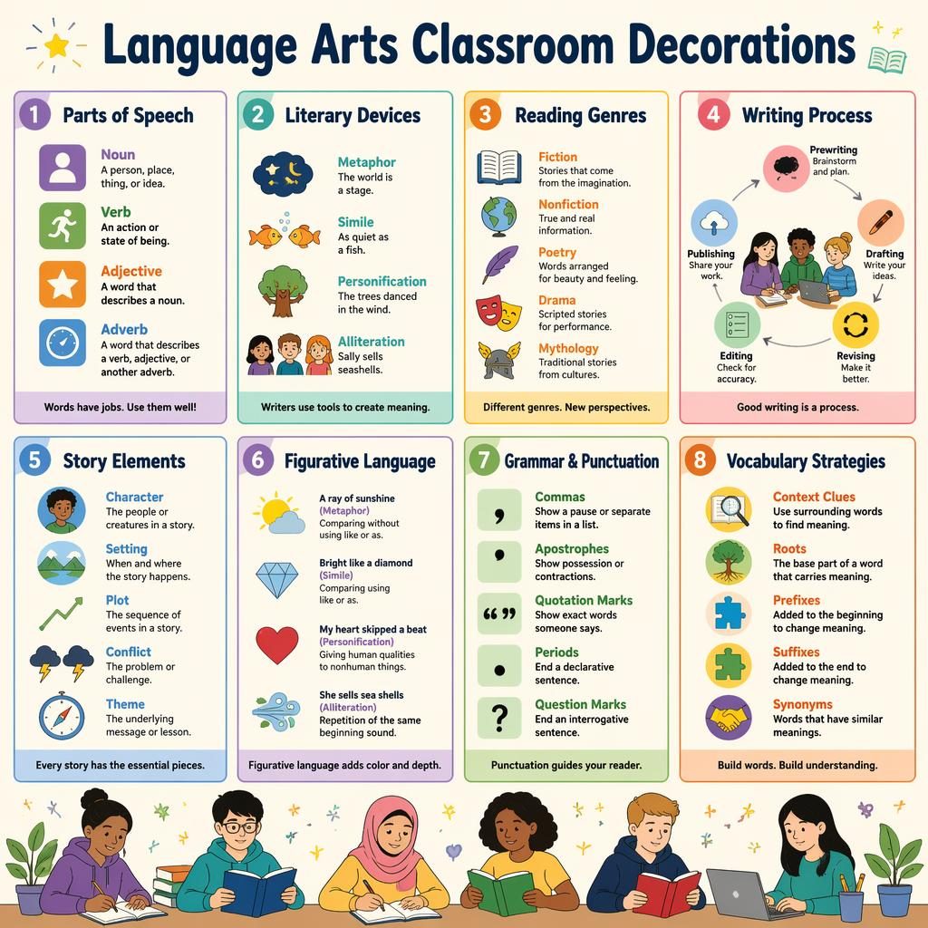 Educational poster with 8 pastel cards on language arts topics, labeled in English with icons and short descriptions.