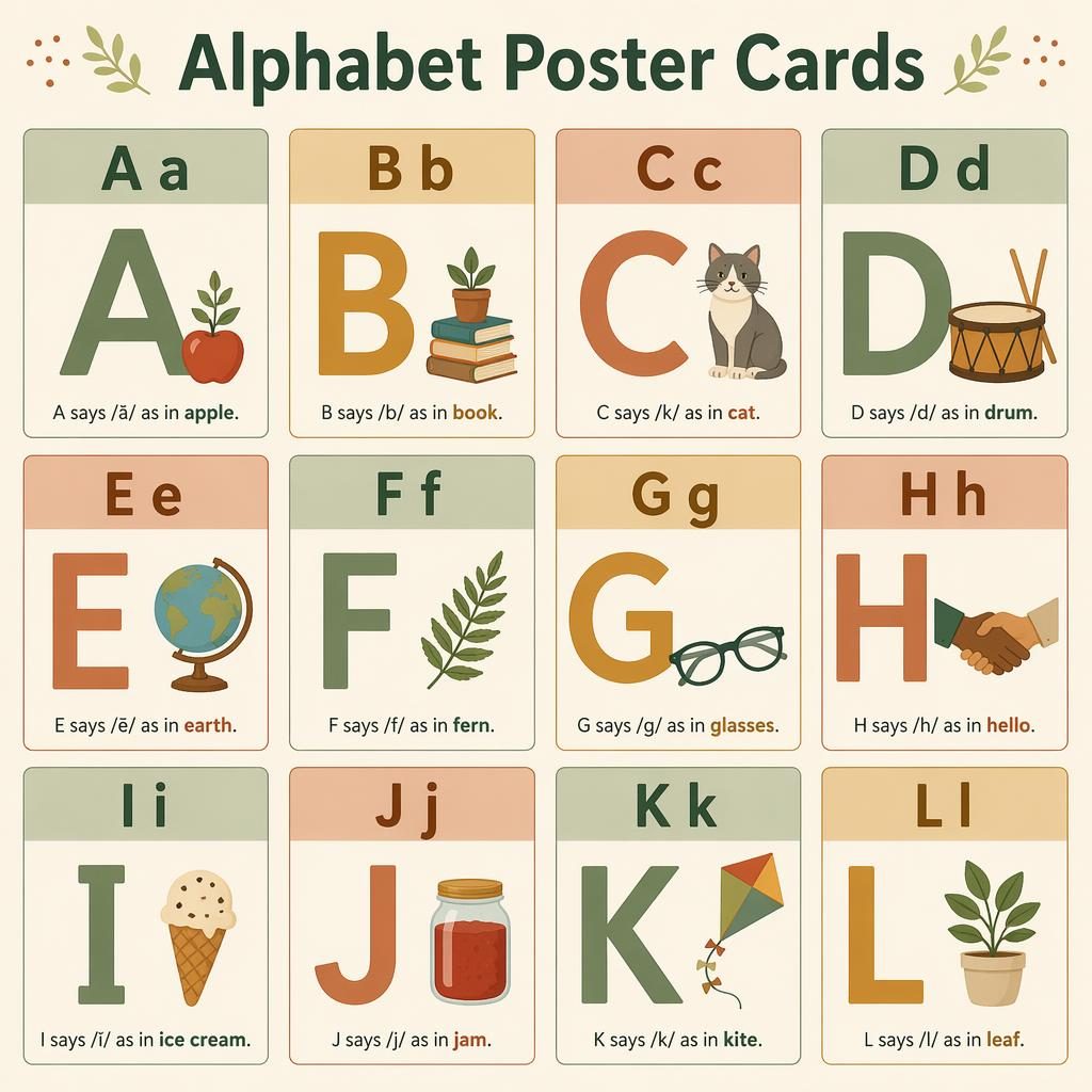12-card alphabet poster grid with letters, uppercase-lowercase pairs, and English sound examples in warm Montessori style.