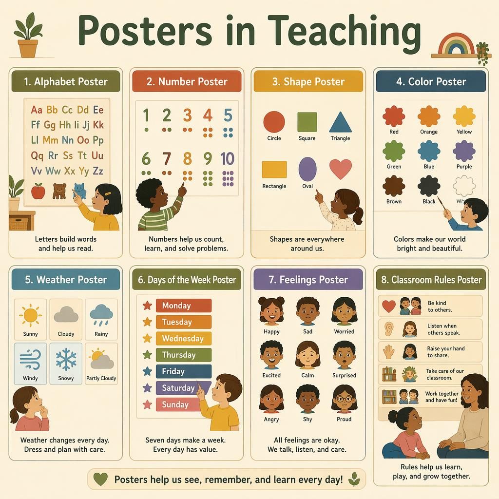 Educational poster grid with 8 classroom cards for kids, showing alphabet, numbers, shapes, colors, weather, feelings, and rules.