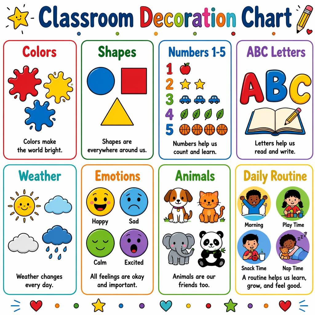Toddler classroom poster with a neat grid of educational cards for colors, shapes, numbers, ABC, weather, emotions, animals, and routine.