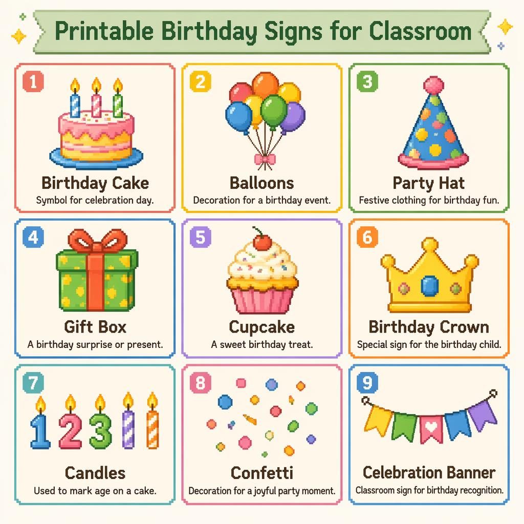 3x3 classroom poster grid with 9 pixel art birthday cards: cake, balloons, hat, gift, cupcake, crown, candles, confetti.