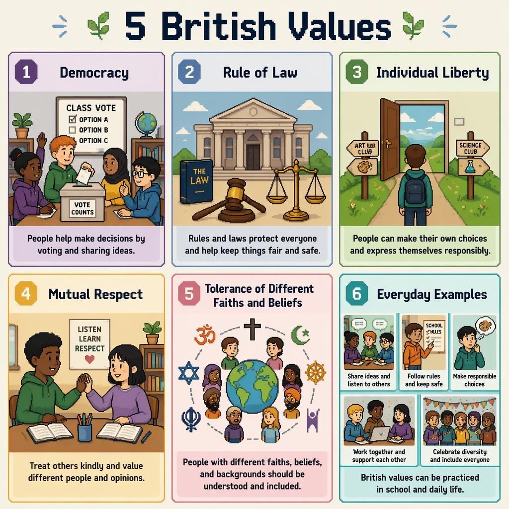 Pixel art classroom poster with 6 cards showing the 5 British values and everyday examples in a muted editorial grid.