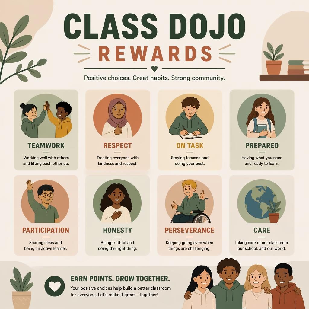 Educational classroom poster: class dojo rewards poster. Age: teens / middle school. Style: minimal modern montessori, w
