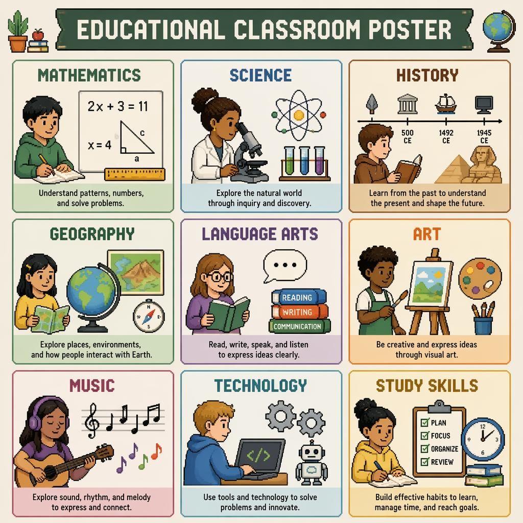 Poster éducatif en grille de 9 cartes avec icônes pixel art, matières scolaires en anglais et palette douce Montessori.