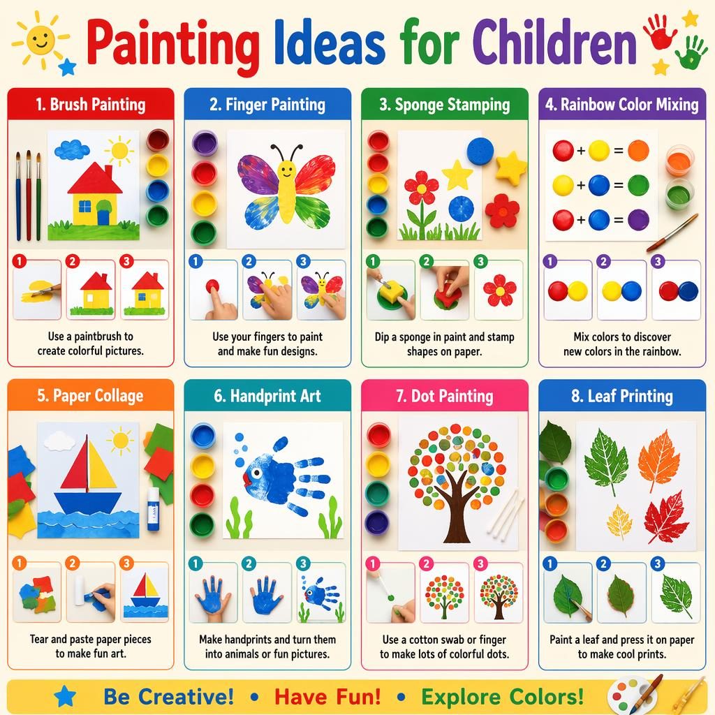 Infografik-Poster mit 8 Karten zu Malideen für Kinder, Pinsel, Fingerfarben, Schwämme, Blätter und Farbtöpfe.