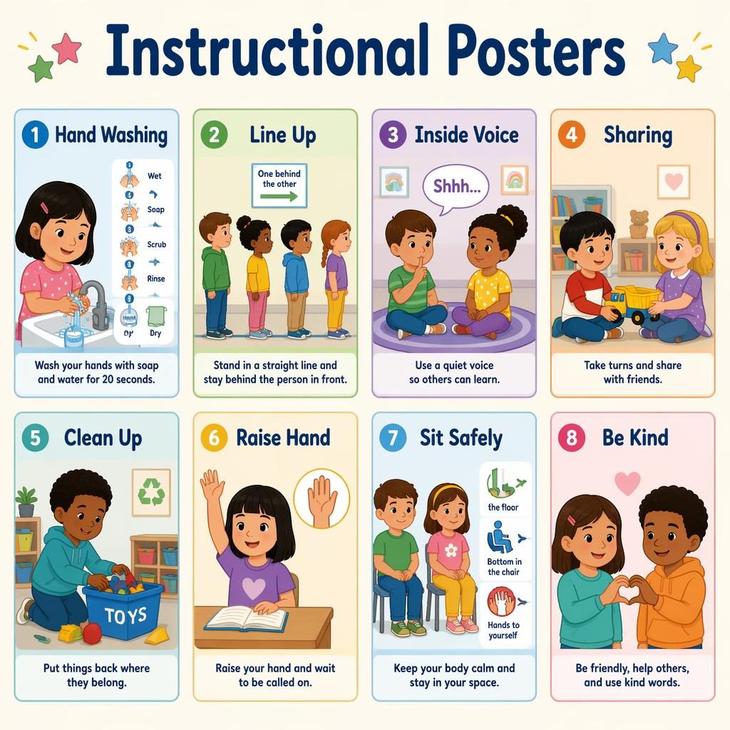 Grid poster with 8 pastel instructional posters cards showing classroom rules for young children with icons and English labels.