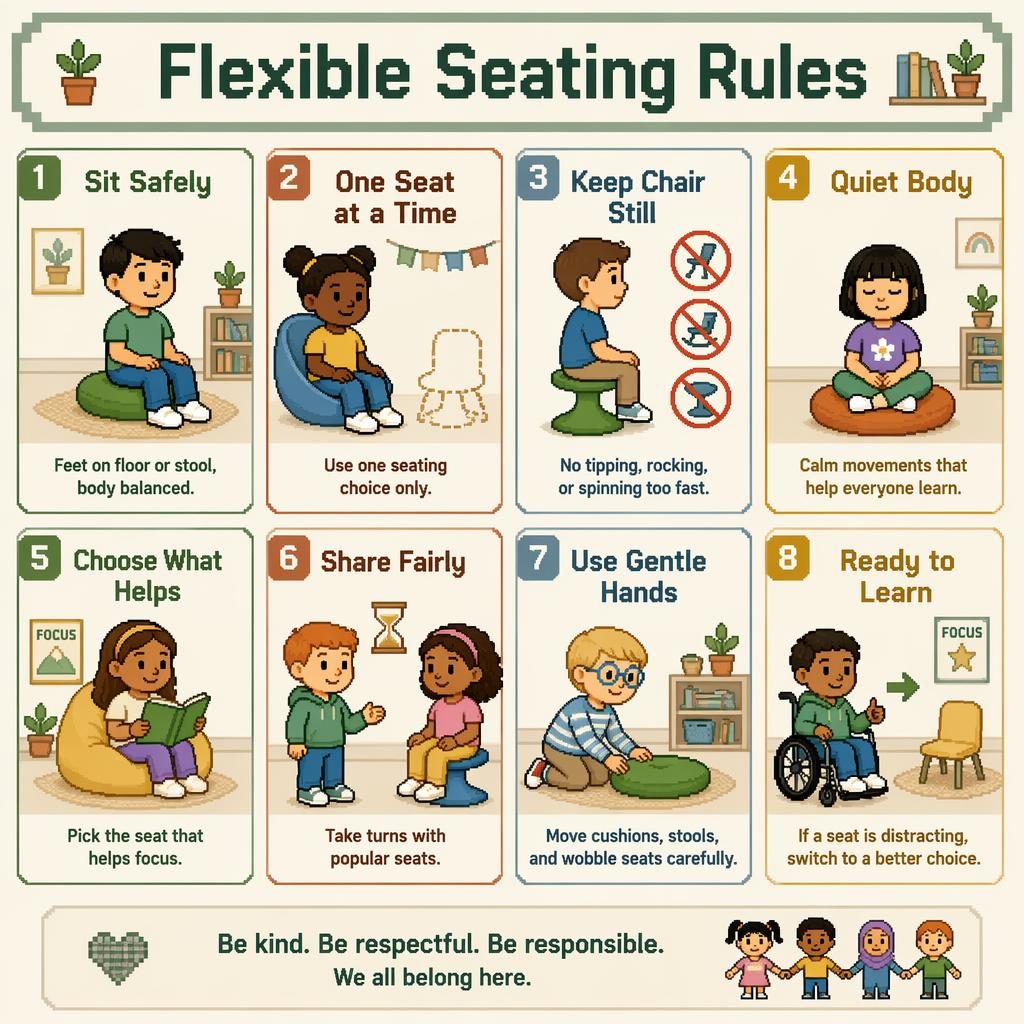 Pixel art classroom poster with 8 cards showing flexible seating rules for kids using cushions, stools, bean bags, and chairs.