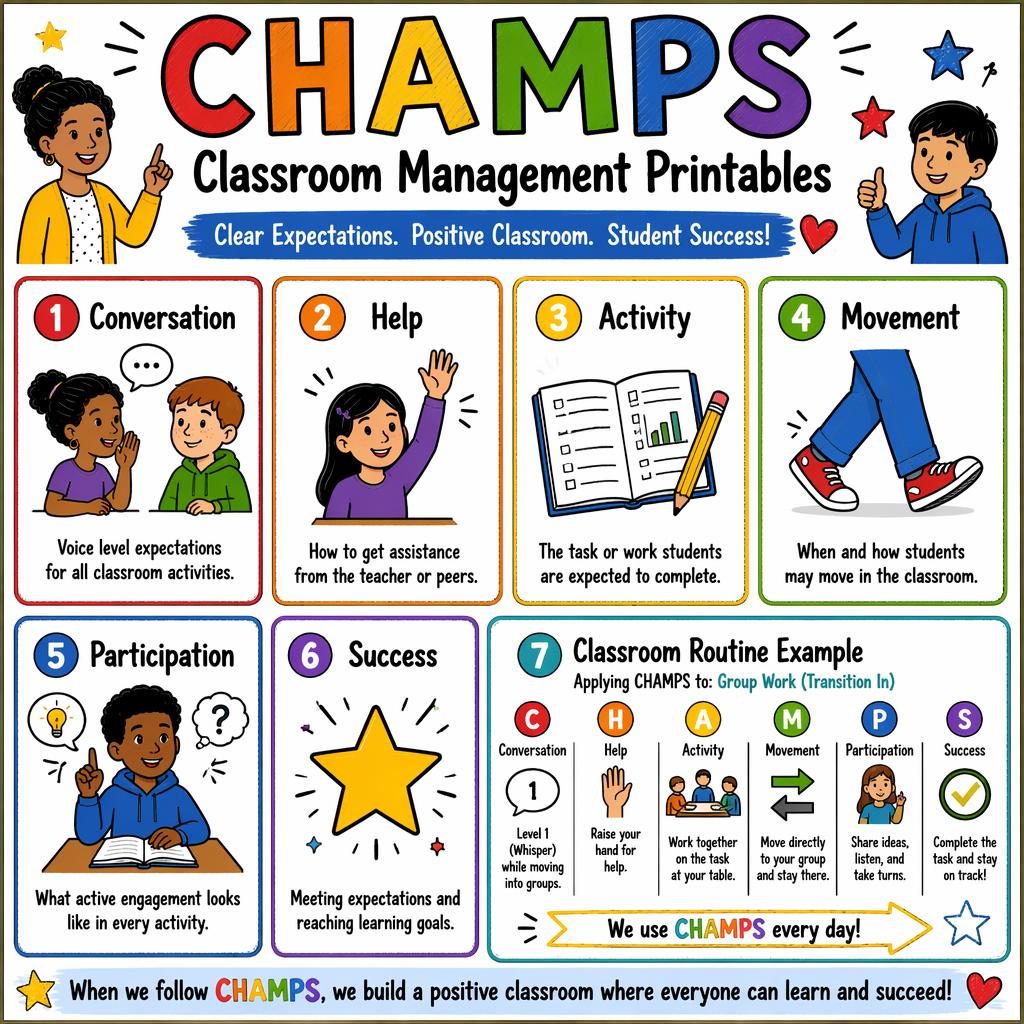 Sketchnote classroom poster with 7 CHAMPS cards on conversation, help, activity, movement, participation, success, and routine.