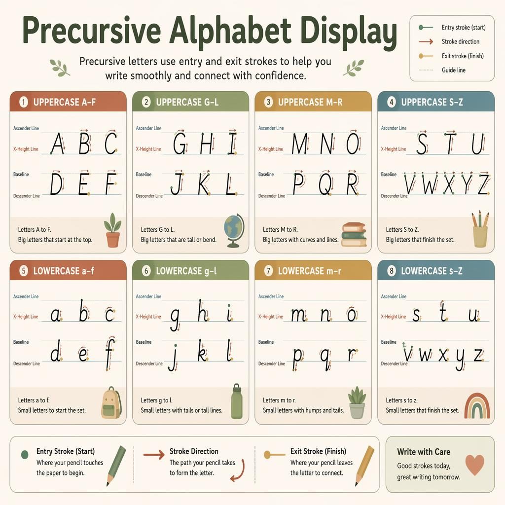 Educational poster with 8 cards showing precursive alphabet groups, stroke guides, and warm earth-toned Montessori layout.