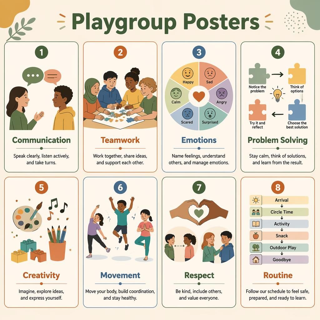 Grid infographic of 8 playgroup posters with icons for communication, teamwork, emotions, routine, and more.