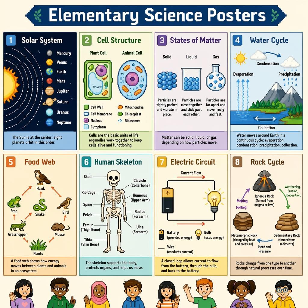 Pixel art classroom poster with 8 science cards: solar system, cells, matter, water cycle, food web, skeleton, circuit, rock cycle.