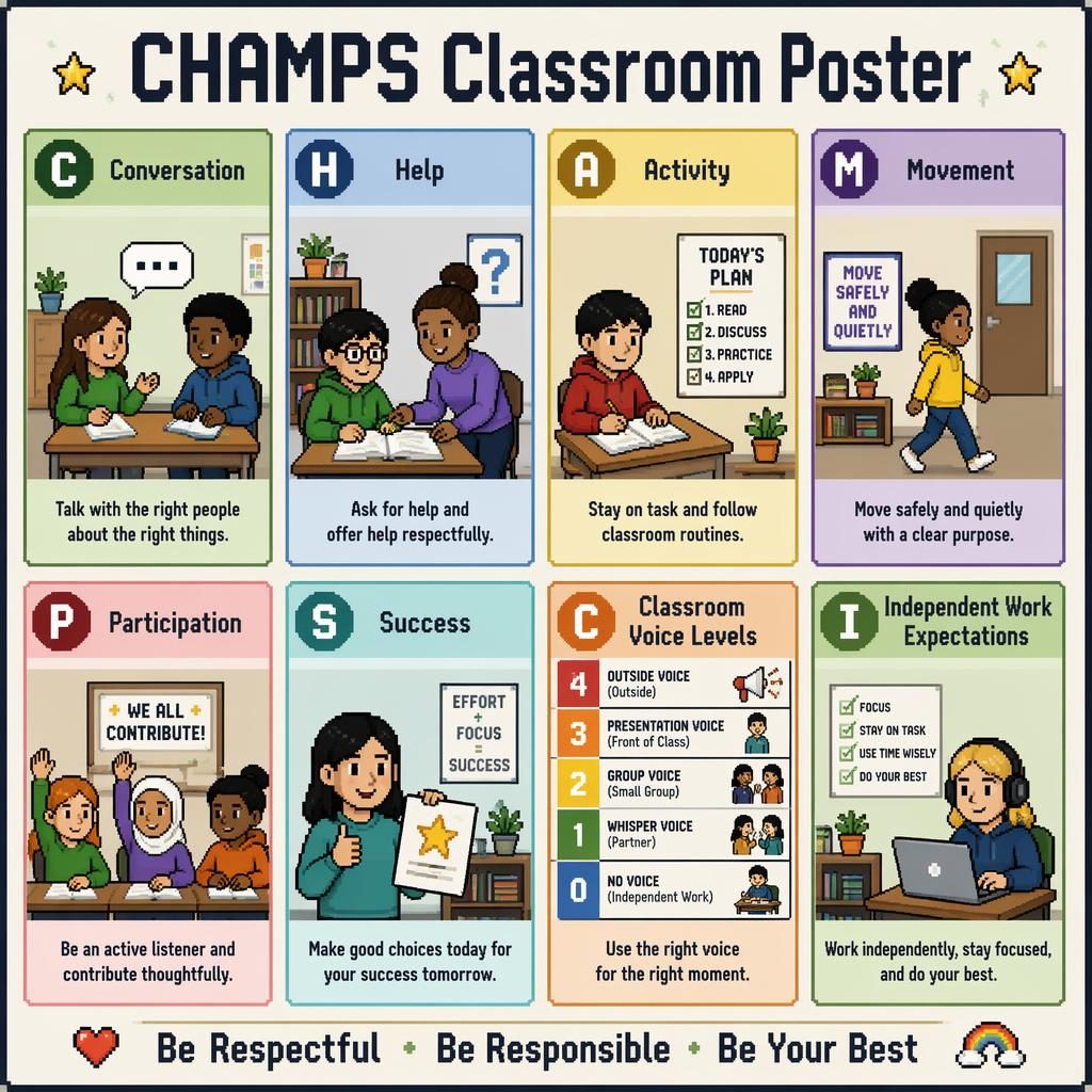 Pixel art CHAMPS classroom poster with 8 behavior cards in a tidy grid for middle school, using muted inclusive classroom scenes.