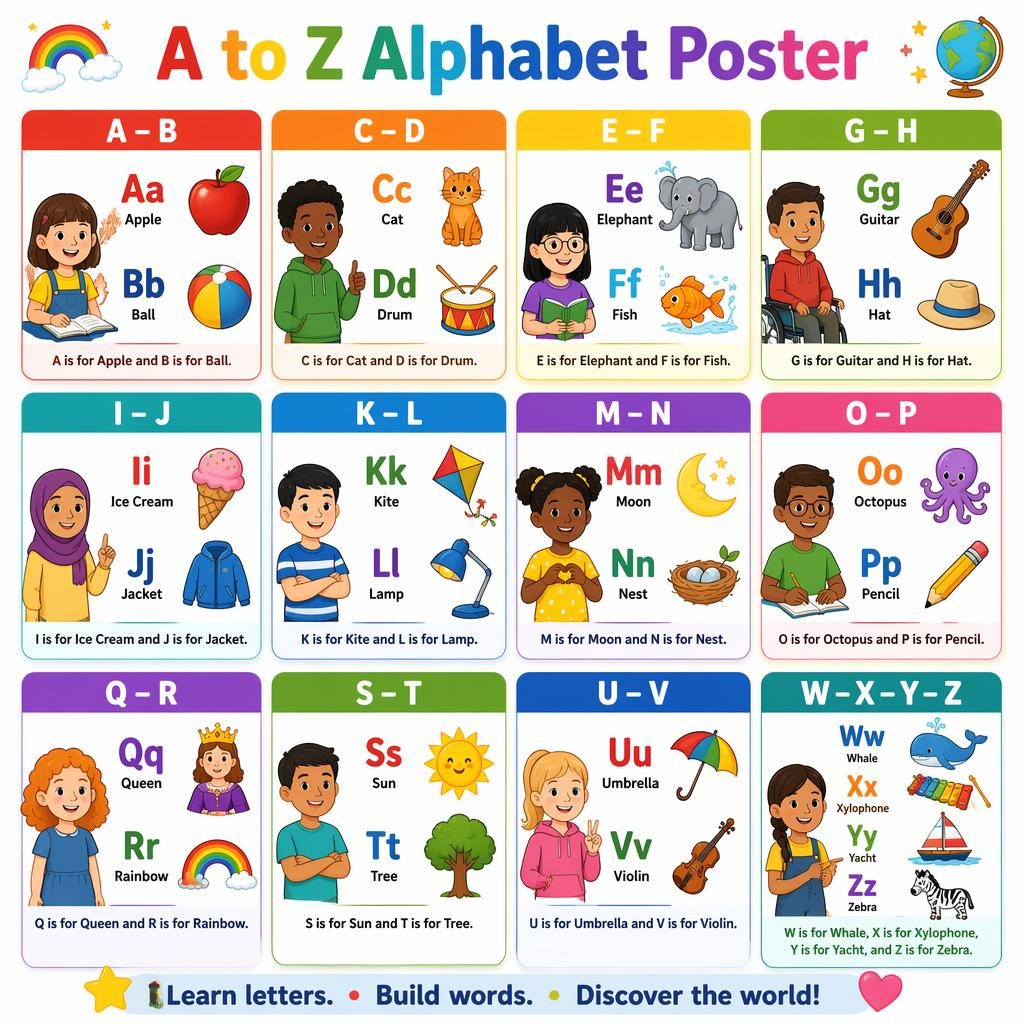 Colorful 12-card A to Z alphabet poster grid for kids, with grouped letters, icons, English labels, and classroom style.