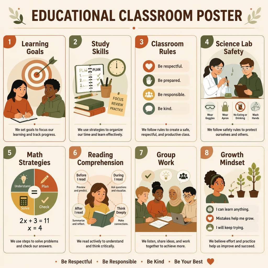 Affiche pedagogique avec 8 cartes éducatives en grille, icônes, élèves inclusifs et palette terre cuite moderne.