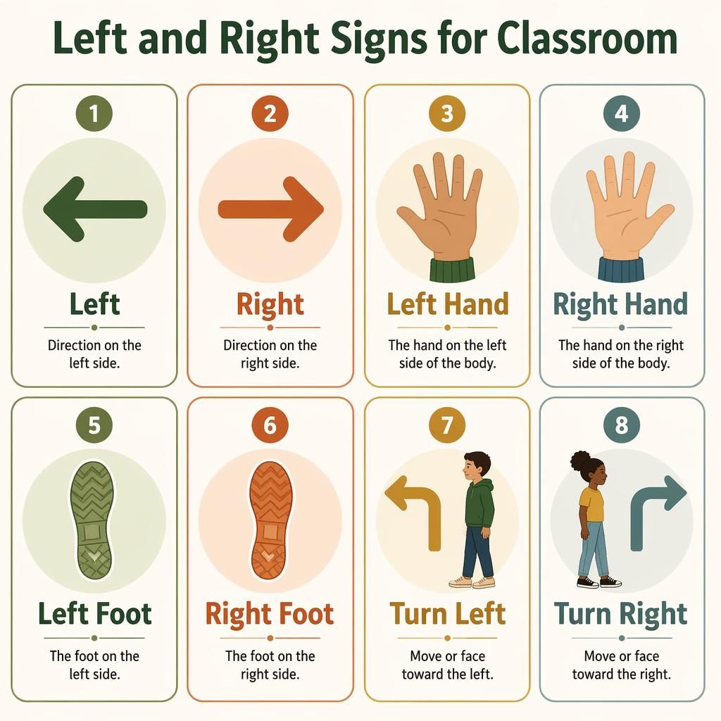 Educational poster with 8 grid cards showing left, right, hands, feet, and turn directions in a warm minimal style.