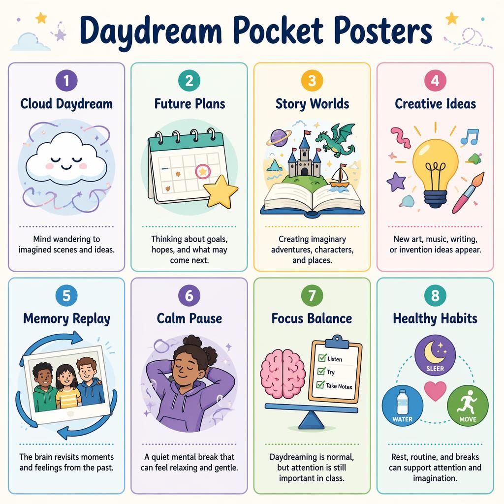 Educational poster grid with 8 pastel cards showing daydream types, icons, English labels, and short classroom-friendly text.