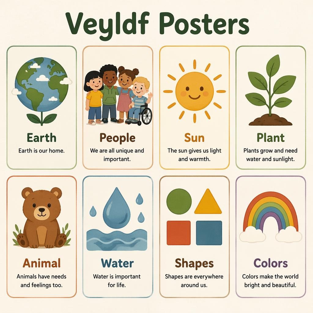 Educational poster titled Veyldf Posters with 8 rounded concept cards in a clean grid, Montessori style, warm earth tones.