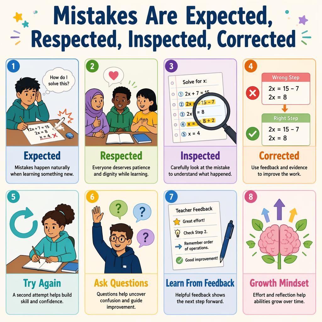 Educational poster with 8 pastel cards on learning from mistakes, each with icons, English labels, and teen-friendly descriptions.