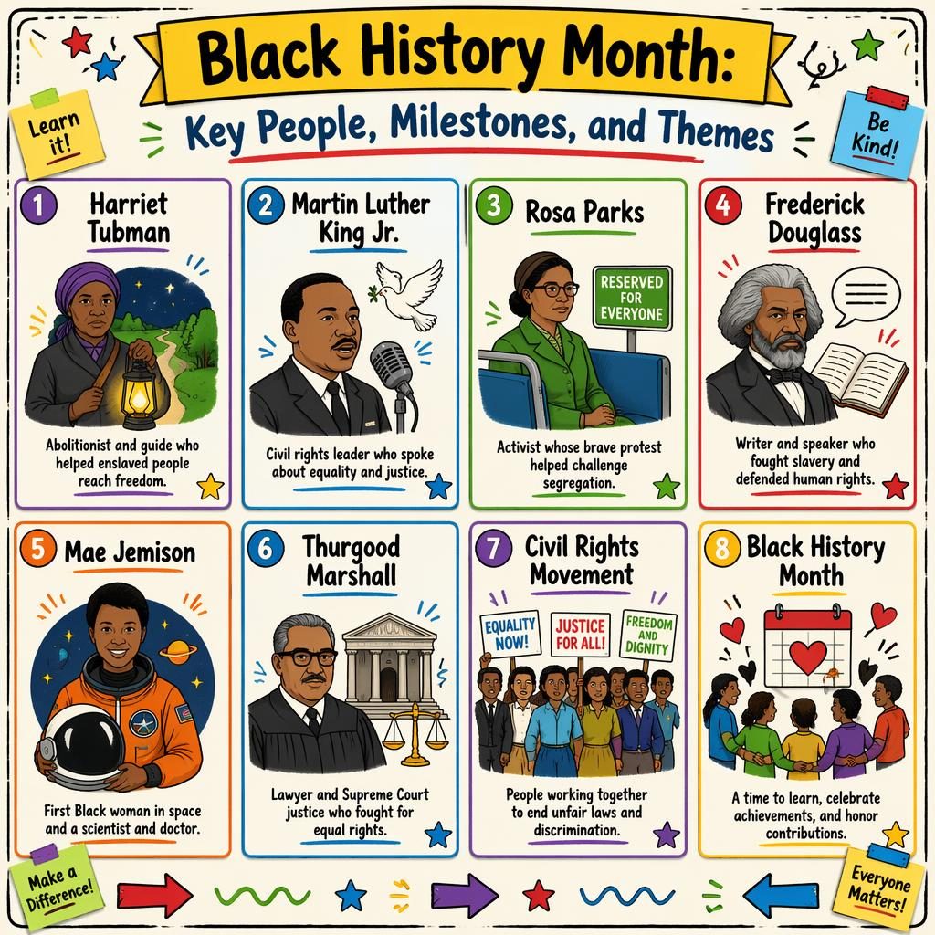 Classroom poster infographic with 8 sketchnote cards on Black History Month people, milestones, and themes for kids.