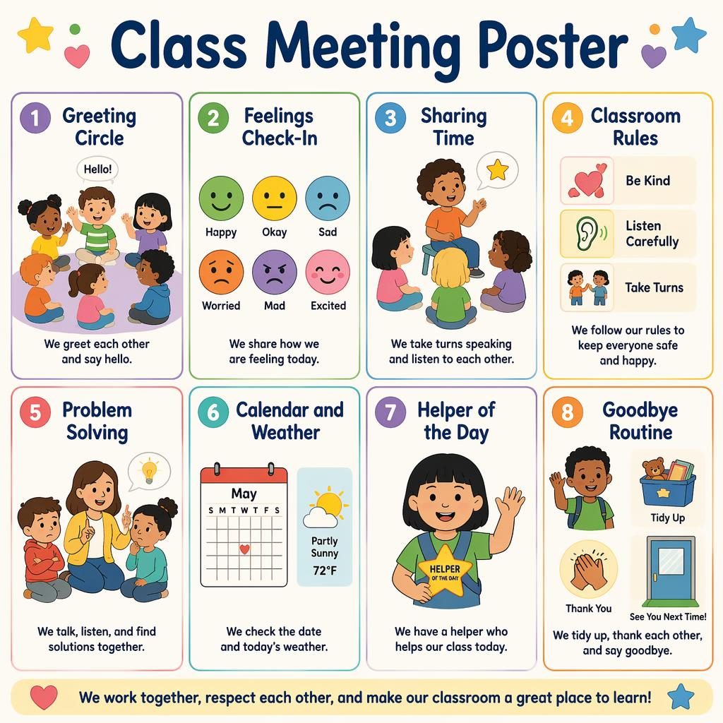 Kids classroom poster with 8 pastel cards showing class meeting steps, icons, English labels, and simple descriptions.