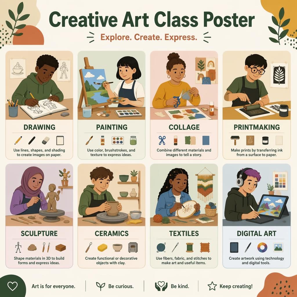 Educational poster with 8 art class cards in a warm earth-tone grid, showing icons, labels, and diverse students.